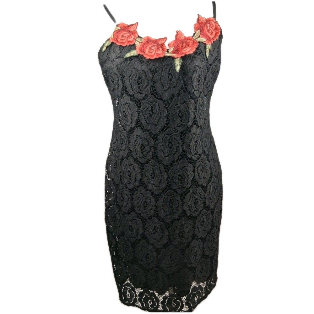 Dark Romantic Goth Black Crochet Lace Sheath Dress Rose Applique Jr Size 13